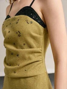 MOTF PREMIUM WOMEN'S WOOL BLEND SEQUIN EMBROIDERED SPAGHETTI STRAP DRESS - Mustard Yellow - View 4
