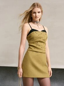 MOTF PREMIUM WOMEN'S WOOL BLEND SEQUIN EMBROIDERED SPAGHETTI STRAP DRESS - Mustard Yellow - View 5