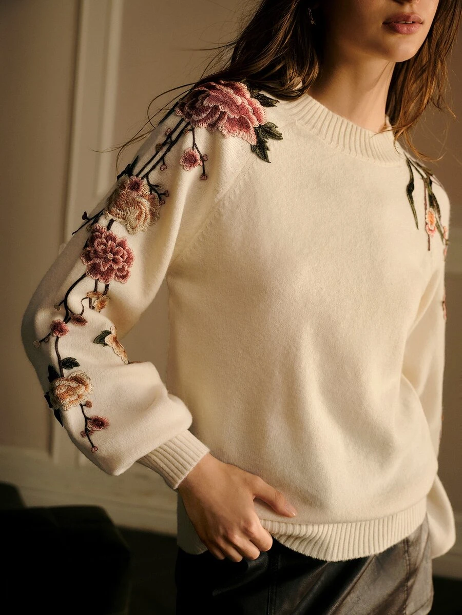 MOTF PREMIUM WOMEN'S FLORAL EMBROIDERED RAGLAN SLEEVE SWEATER - Apricot - View 1