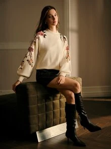 MOTF PREMIUM WOMEN'S FLORAL EMBROIDERED RAGLAN SLEEVE SWEATER - Apricot - View 3