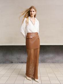 MOTF PREMIUM WOMEN'S PU LEATHER COLORBLOCK SPLIT DESIGN FASHION VERSATILE SKIRT - Khaki - View 3