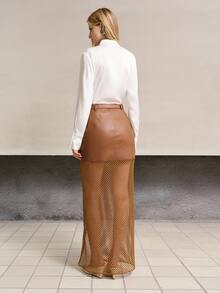 MOTF PREMIUM WOMEN'S PU LEATHER COLORBLOCK SPLIT DESIGN FASHION VERSATILE SKIRT - Khaki - View 4
