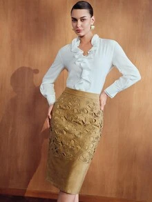 MOTF PREMIUM WOMEN'S FASHION HOLLOW EMBROIDERY SKIRT - Khaki - View 7