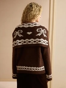 MOTF PREMIUM WOMEN'S V-NECK GEOMETRIC PATTERN PULLOVER SWEATER WITH SHAWL COLLAR - Coffee Brown - View 6