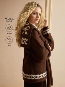 MOTF PREMIUM WOMEN'S V-NECK GEOMETRIC PATTERN PULLOVER SWEATER WITH SHAWL COLLAR - Coffee Brown - View 2