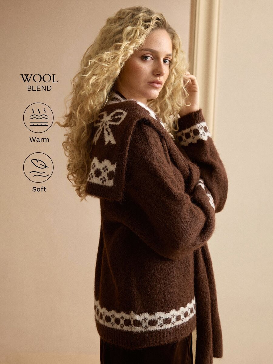 MOTF PREMIUM WOMEN'S V-NECK GEOMETRIC PATTERN PULLOVER SWEATER WITH SHAWL COLLAR