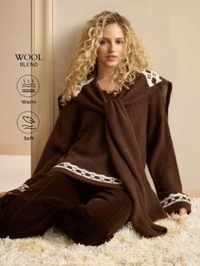 MOTF PREMIUM WOMEN'S V-NECK GEOMETRIC PATTERN PULLOVER SWEATER WITH SHAWL COLLAR - Coffee Brown - View 3