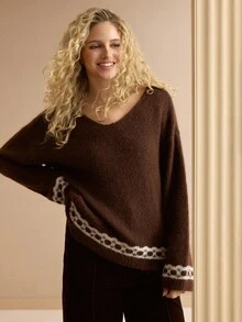 MOTF PREMIUM WOMEN'S V-NECK GEOMETRIC PATTERN PULLOVER SWEATER WITH SHAWL COLLAR - Coffee Brown - View 4