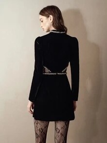 MOTF PREMIUM BEADED RHINESTONE ROUND NECK EXPOSED WAIST PETAL SLEEVE VELVET SHORT DRESS - Black - View 2