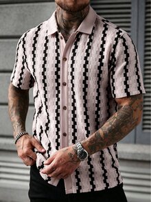 Manfinity CasualCool 男士對比色前開鈕扣短袖粉色與白色條紋襯衫 度假夏季休閒熱帶風 - 粉色 - 查看 5