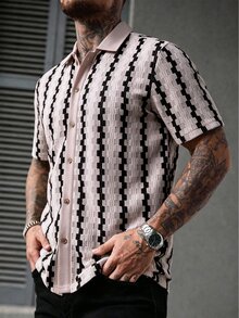 Manfinity CasualCool 男士對比色前開鈕扣短袖粉色與白色條紋襯衫 度假夏季休閒熱帶風 - 粉色 - 查看 4