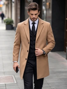 Manfinity Homme 男士純色口袋鈕扣前襟長袖大衣，適合秋冬冬季儀式場合 - 卡其色 - 查看 3