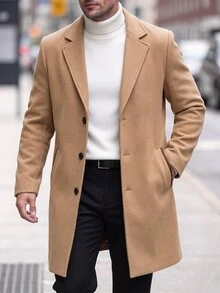 Manfinity Homme 男士純色口袋鈕扣前襟長袖大衣，適合秋冬冬季儀式場合 - 卡其色 - 查看 6