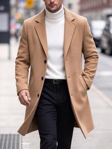 Manfinity Homme 男士純色口袋鈕扣前襟長袖大衣，適合秋冬冬季儀式場合 - 卡其色 - 查看 5