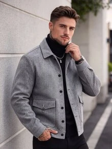 Manfinity Homme 26 春夏男士淺灰色羊毛混紡翻領工裝外套，都市極簡商務休閒寬鬆直筒版型外衣，大尺碼男士通勤旅行約會百搭上衣 - 灰色 - 查看 1