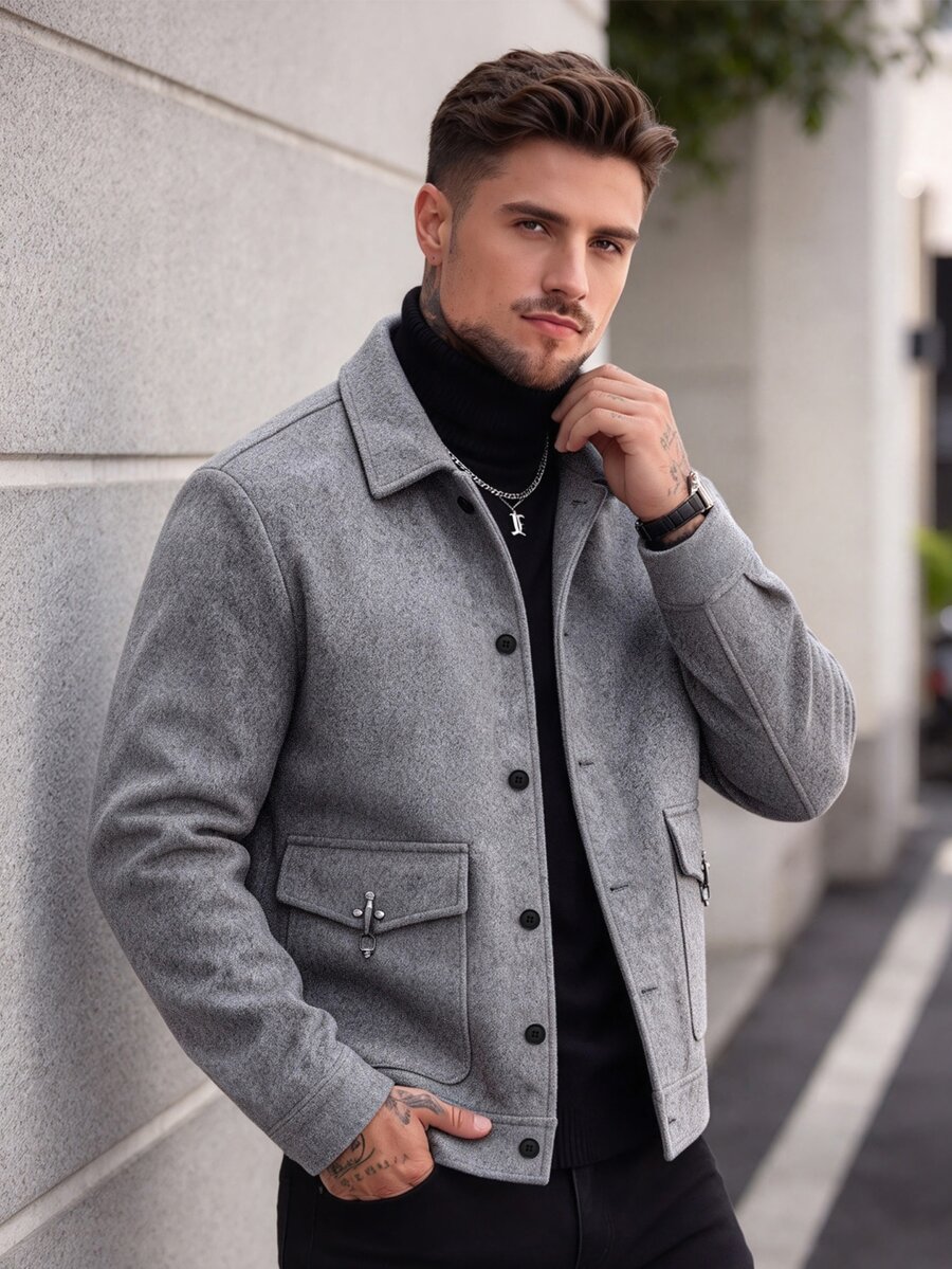 Manfinity Homme 26 春夏男士淺灰色羊毛混紡翻領工裝外套,都市極簡商務休閒寬鬆直筒版型外衣,大尺碼男士通勤旅行約會百搭上衣 - 灰色 - 查看 1