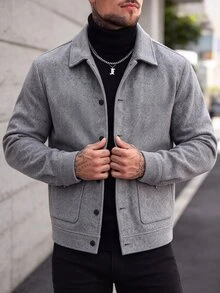 Manfinity Homme 26 春夏男士淺灰色羊毛混紡翻領工裝外套，都市極簡商務休閒寬鬆直筒版型外衣，大尺碼男士通勤旅行約會百搭上衣 - 灰色 - 查看 6
