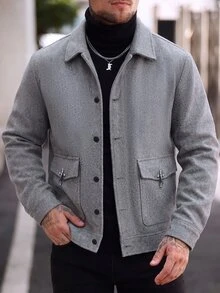 Manfinity Homme 26 春夏男士淺灰色羊毛混紡翻領工裝外套，都市極簡商務休閒寬鬆直筒版型外衣，大尺碼男士通勤旅行約會百搭上衣 - 灰色 - 查看 5
