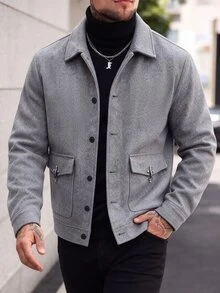 Manfinity Homme 26 春夏男士淺灰色羊毛混紡翻領工裝外套，都市極簡商務休閒寬鬆直筒版型外衣，大尺碼男士通勤旅行約會百搭上衣 - 灰色 - 查看 4