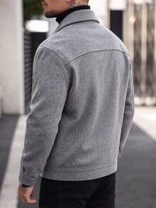 Manfinity Homme 26 春夏男士淺灰色羊毛混紡翻領工裝外套，都市極簡商務休閒寬鬆直筒版型外衣，大尺碼男士通勤旅行約會百搭上衣 - 灰色 - 查看 2