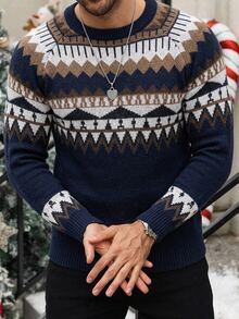 Manfinity Homme Men's Geometric Pattern Raglan Long Sleeve Casual Sweater Christmas - Royal Blue - View 2