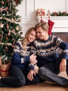 Manfinity Homme Men's Geometric Pattern Raglan Long Sleeve Casual Sweater Christmas - Royal Blue - View 7