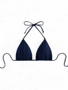 SHEIN Swim Women's Solid Color Halter Tie Sexy Bikini Top, Summer Beach - Navy Blue - View 5