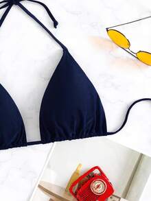 SHEIN Swim Women's Solid Color Halter Tie Sexy Bikini Top, Summer Beach - Navy Blue - View 6