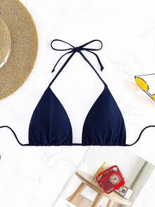 SHEIN Swim Women's Solid Color Halter Tie Sexy Bikini Top, Summer Beach - Navy Blue - View 7