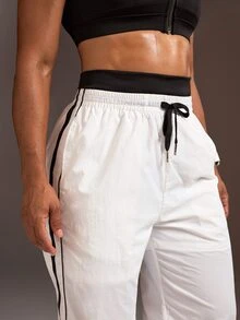 Powerista Women's Black & White Contrast Color Double Waistband Woven Loose Fit Long Pants(Suitable For Workout) - White - View 3