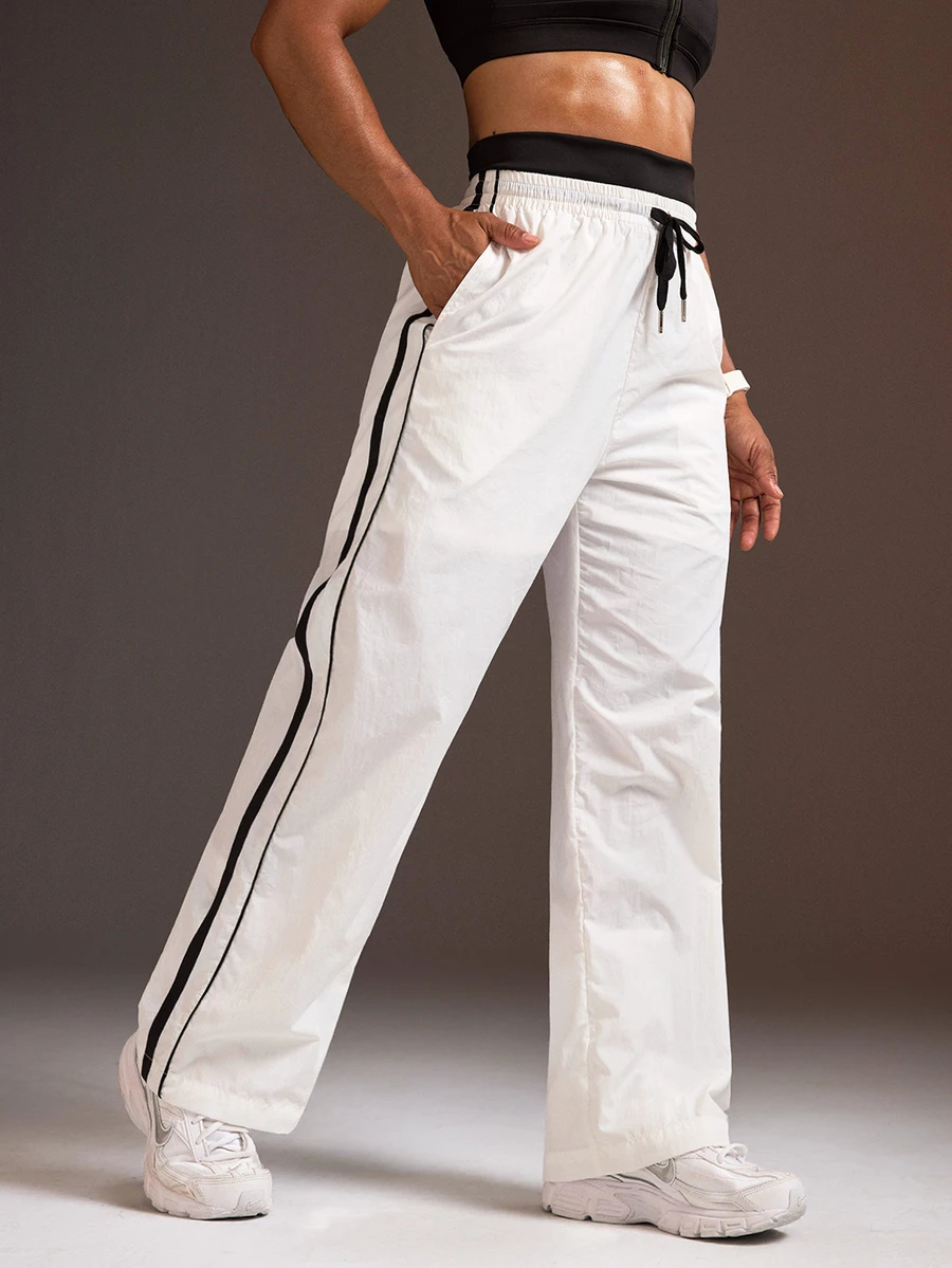 Powerista Women's Black & White Contrast Color Double Waistband Woven Loose Fit Long Pants(Suitable For Workout) - White - View 1
