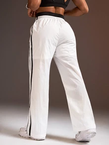 Powerista Women's Black & White Contrast Color Double Waistband Woven Loose Fit Long Pants(Suitable For Workout) - White - View 2