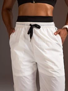Powerista Women's Black & White Contrast Color Double Waistband Woven Loose Fit Long Pants(Suitable For Workout) - White - View 6