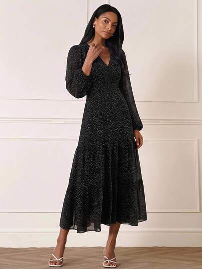 Lilora Women's Elegant Polka Dot Long Sleeve Dress, Designed Casual Commute Urban Modern Minimalist Elegant Tea Party Independence Day Old Money Style Teacher Outfit Office Wear Holiday Outfit Vacation Date Outfit Women's Outing Wear Fashion Versatile Long Dress