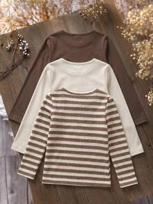 SHEIN Young Girl 3pcs Set Knitted Striped Solid Color Fitted Casual 3D Floral T-Shirt Kids - Multicolor - View 4
