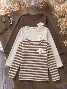 SHEIN Young Girl 3pcs Set Knitted Striped Solid Color Fitted Casual 3D Floral T-Shirt Kids - Multicolor - View 3