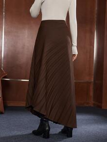 Anewsta Women's Elegant Long Coffee-Colored Pleated A-Line Dress For Urban Commute, Office, Home And Casual Wear - Coffee Brown - View 7