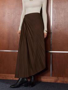 Anewsta Women's Elegant Long Coffee-Colored Pleated A-Line Dress For Urban Commute, Office, Home And Casual Wear - Coffee Brown - View 4
