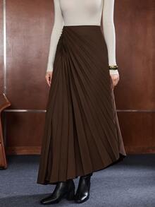 Anewsta Women's Elegant Long Coffee-Colored Pleated A-Line Dress For Urban Commute, Office, Home And Casual Wear - Coffee Brown - View 2