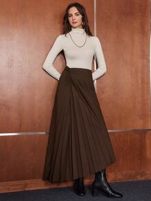 Anewsta Women's Elegant Long Coffee-Colored Pleated A-Line Dress For Urban Commute, Office, Home And Casual Wear - Coffee Brown - View 3