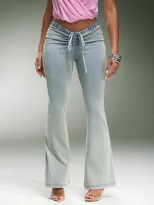 Denimoi Stretch Faux Denim V Waist Adjustable Drawstring Flare Pants Sexy Bottoms Casual Wear Fashion - Light Wash - View 4