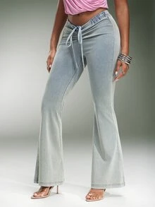 Denimoi Stretch Faux Denim V Waist Adjustable Drawstring Flare Pants Sexy Bottoms Casual Wear Fashion - Light Wash - View 5