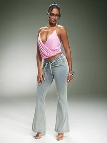Denimoi Stretch Faux Denim V Waist Adjustable Drawstring Flare Pants Sexy Bottoms Casual Wear Fashion - Light Wash - View 3