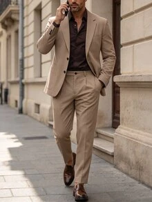 Manfinity Mode Coffee's 2件式正式西裝套裝，純色西裝外套與長褲套組，商務休閒秋季婚禮西裝舞會禮服，簡約時尚日常穿著禮品，儀式場合 - 棕色 - 查看 6
