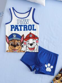 SHEIN | PAW Patrol Young Boy Cartoon Print Tank Top And Boxer Briefs Set - Blue and White - View 3