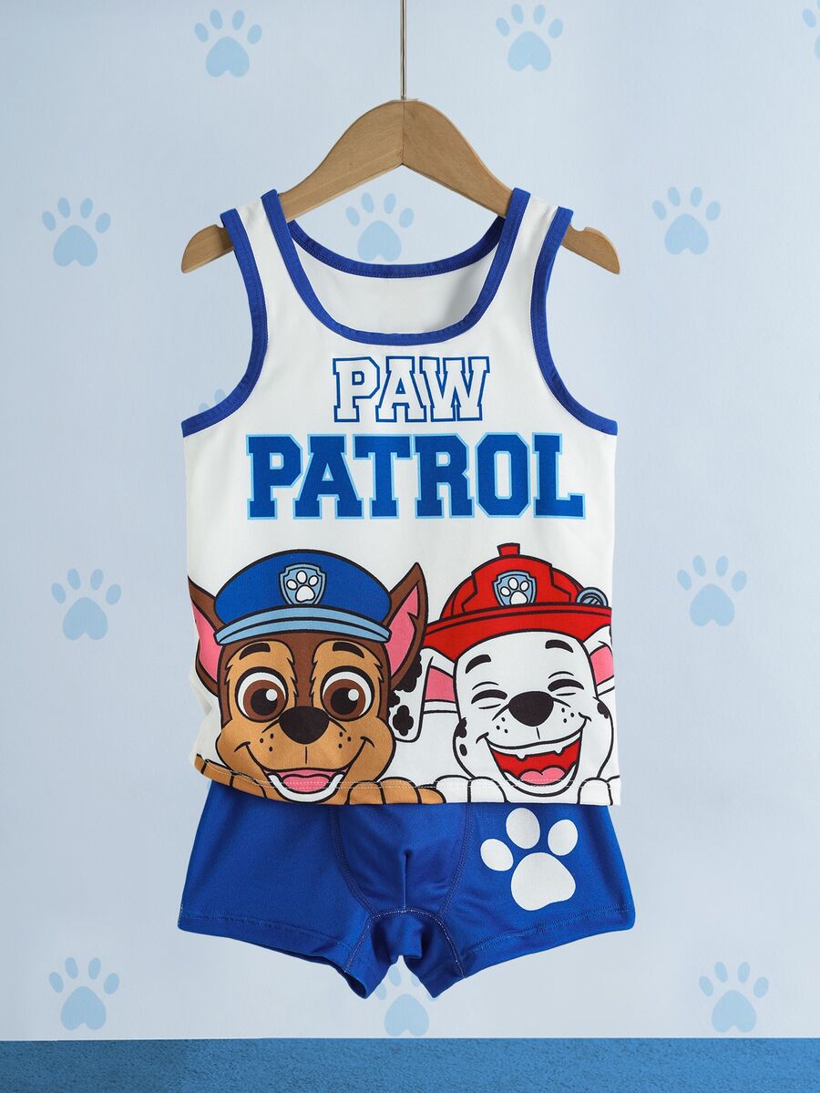 SHEIN | PAW Patrol Young Boy Cartoon Print Tank Top And Boxer Briefs Set - Blue and White - View 1
