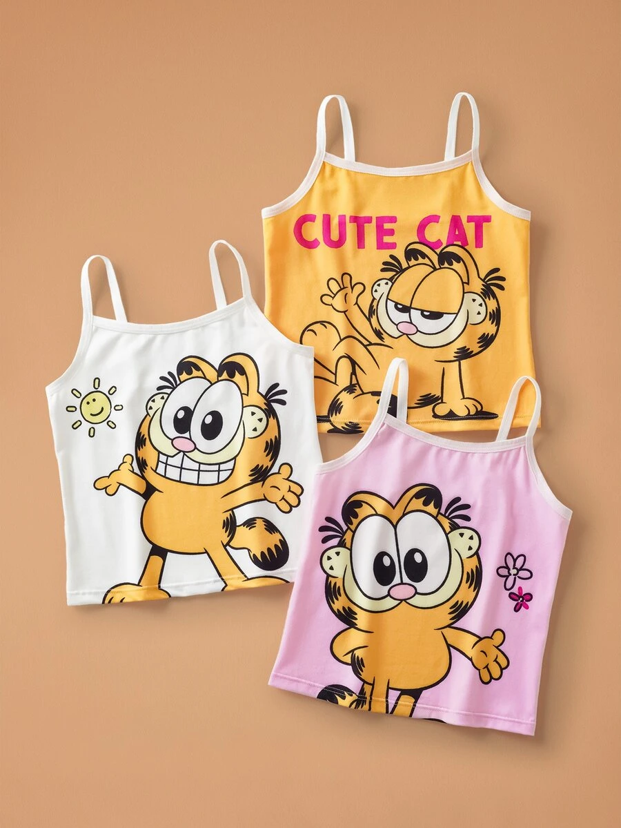 GARFIELD | SHEIN Young Girl Letter Cartoon Print Camisole Undershirt Tank Top - Pink - View 1