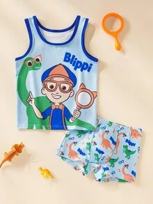 Blippi X SHEIN Young Boy Letter Cartoon Print Colorblock Casual Daily Top And Shorts Set - Blue - View 2