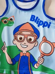 Blippi X SHEIN Young Boy Letter Cartoon Print Colorblock Casual Daily Top And Shorts Set - Blue - View 5