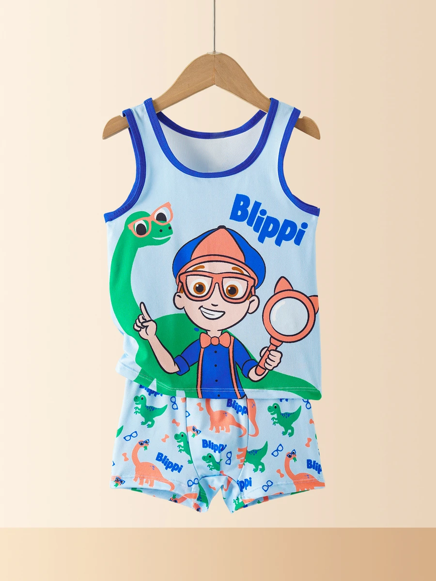Blippi X SHEIN Young Boy Letter Cartoon Print Colorblock Casual Daily Top And Shorts Set - Blue - View 1